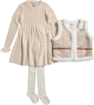 TJMAXX Girls 2Pc Sweater Dress And Vest Set With Tights, Cotton/Polyester/Leather