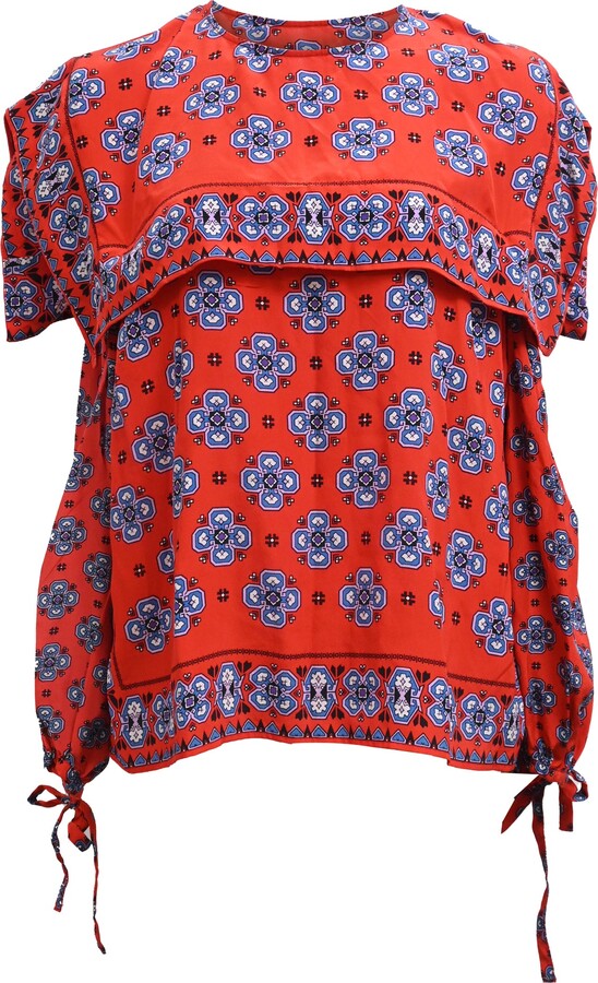 Sandro Dalla Cold-Shoulder Mosaic-Print Top In Red Silk