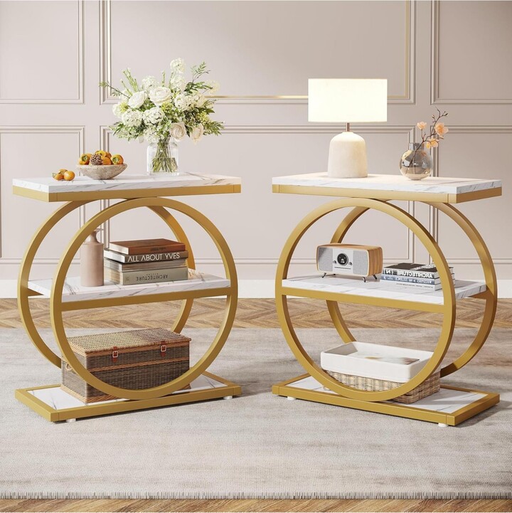 Tribesigns End Table Set of 2, Narrow End Table with 3 Storage Shelves, Wooden Side Table with Metal Frame, Small Sofa Side Table for Living Room,Nigh