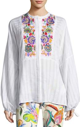 Etro Cotton Peasant Blouse With Multi Embroidery