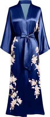 BABEYOND Kimono Dressing Gown Floral Printed Kimono Robe Long Satin Kimono Dress Cover Up for Women Wedding Pyjamas Party 135cm/53inches (Black)