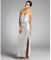 Thumbnail for your product : Aidan Mattox matte silver sequin draped bodice spaghetti strap evening gown