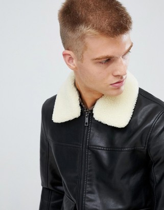 Another Influence Faux Leather Faux Fur Collar Bomber Jacket