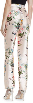 Monique Lhuillier High-Waist Botanical-Print Straight-Leg Mikado Pants