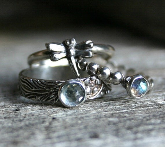 Etsy Mini Dragonfly Stack...set Of Three Stacking Rings in Sterling Silver With Sky Blue Topaz & Labradorite Gemstones