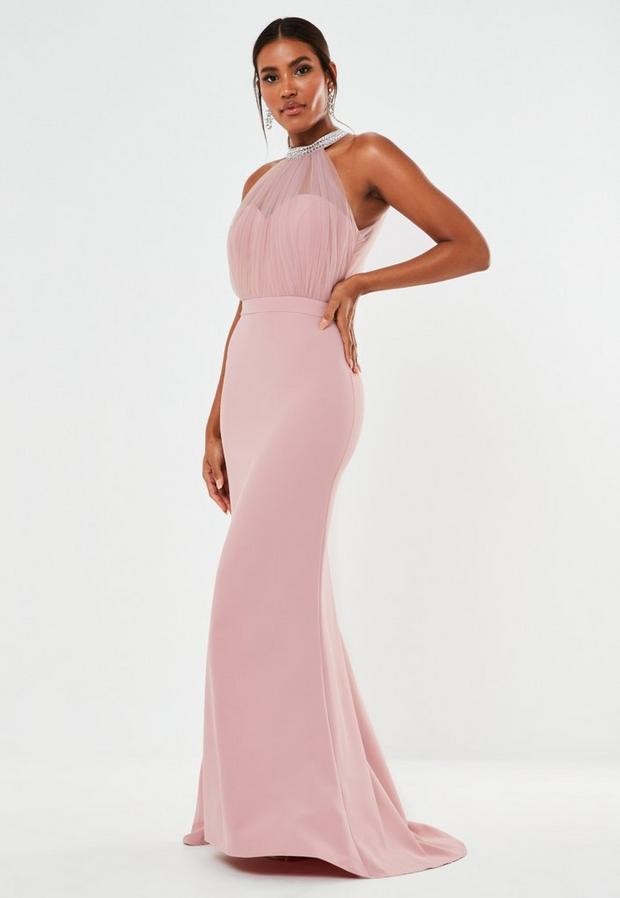 bridesmaid pink pleated mesh maxi dress