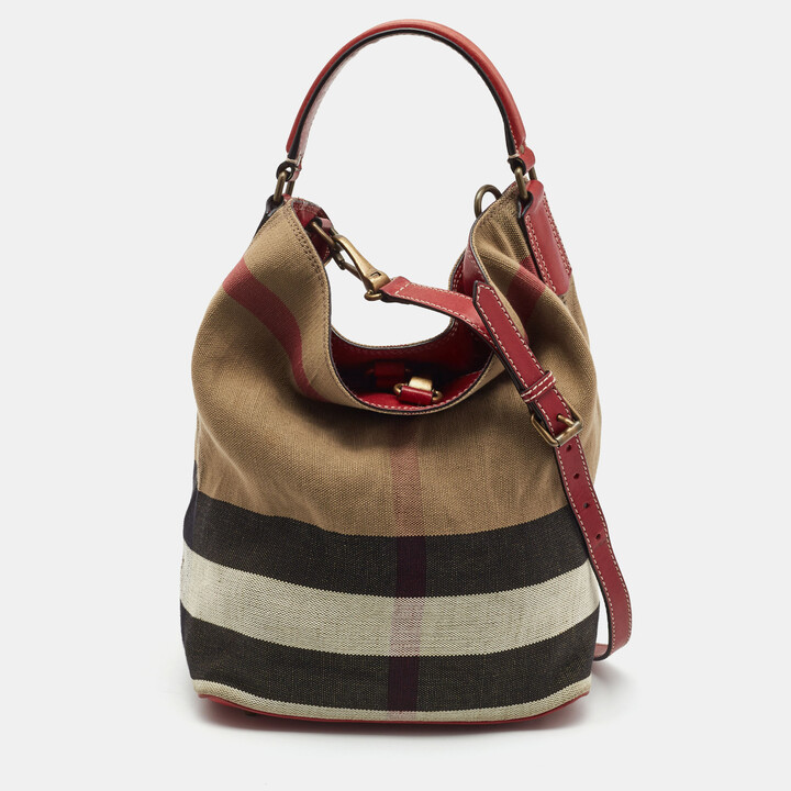 Burberry Red/Beige House Check Canvas and Leather Ashby Bucket Bag ...