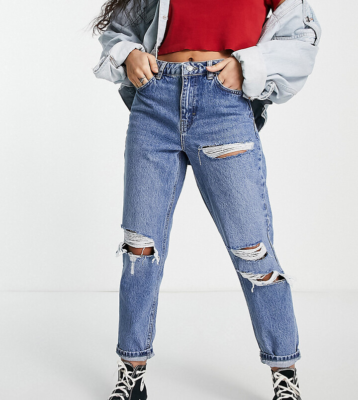 Topshop Petite mid blue ripped mom jeans - ShopStyle