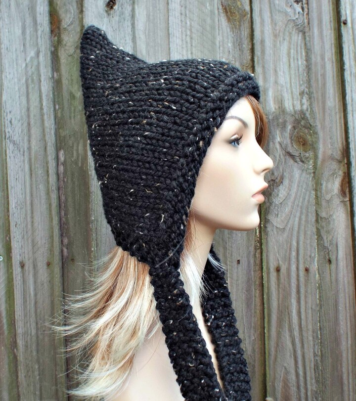 Etsy Hand Knit Hat, Pixie Chunky Womens Winter Hood, Obsidian Black Hat