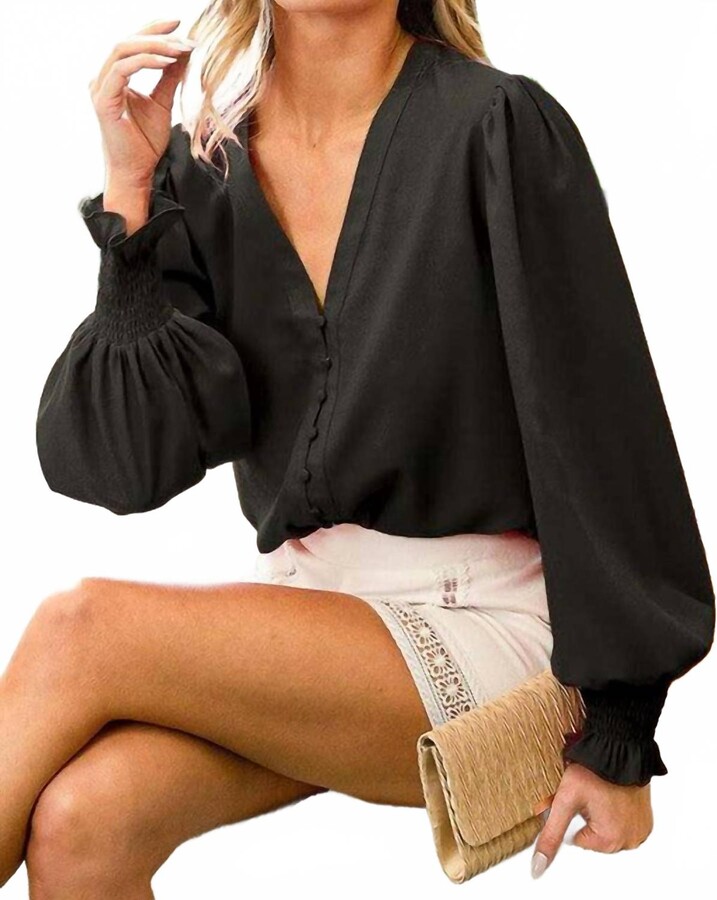 Vine & Love Starla Button Detail Long Sleeve Blouse In Black