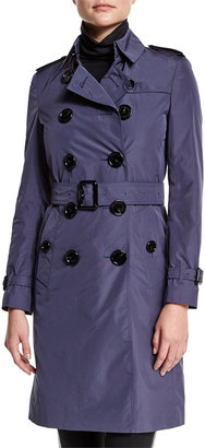 Burberry Double-Breasted Belted Trench Coat, Dark Heather Blue