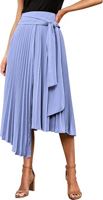PRETTYGARDEN Women's High Waisted Midi Skirts Tie Front Ruffle Flowy Long Asymmetrical Pleated Summer Skirt Dress