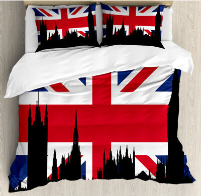 Ambesonne Union Jack Duvet Cover Set, Historic Urban UK, Calking, Royal Blue Black Red