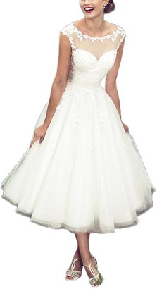 Carnivalprom Women's Vintage Short Wedding Dresses for Bride Lace Applique Bridal Gown 12 White