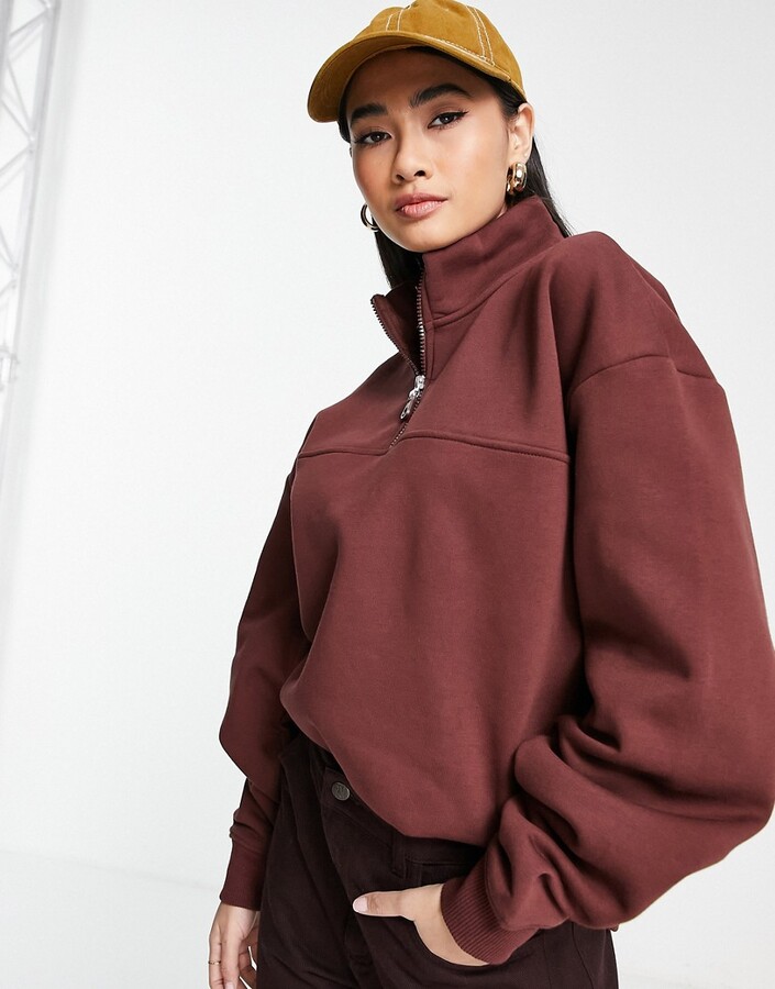 ASOS DESIGN oversized half zip sweatshirt in brown - ShopStyle Jumpers &  Hoodies