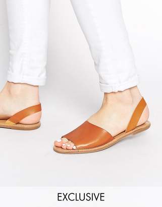 Pieces Exclusive Tan Leather Slingback Flat Sandals