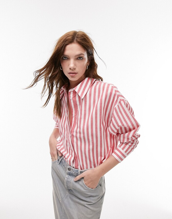 Topshop oversized lightweight stripe shirt in red - ShopStyle