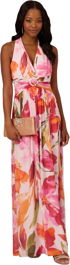 Adrianna Papell Women's Floral Chiffon V-Neck Gown - Pink/Orange Multi
