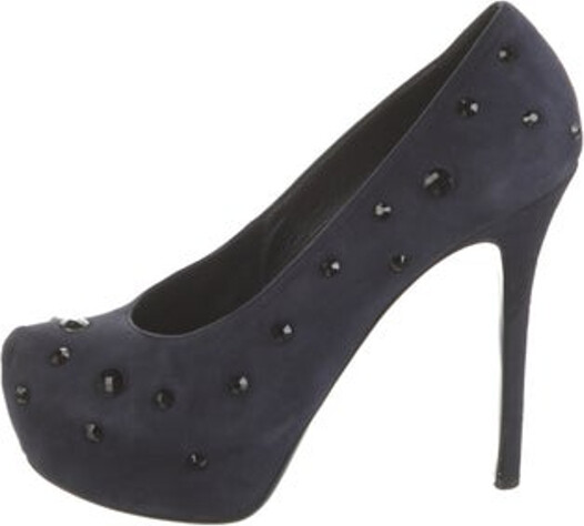 Gianmarco Lorenzi Suede Pumps Blue Round-Toes with Beaded Accents Platform