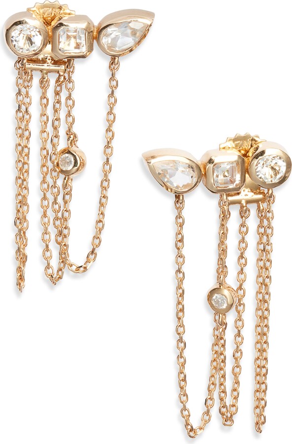 Anzie Cléo Diamond & White Topaz Triple Chain Drop Front/Back Earrings