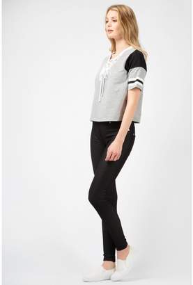 Select Fashion Womens Grey Lace Up Front Crop Baseball Sweater - size 6