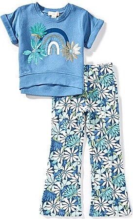 Peek LittleBig Girls Short Sleeve RainbowFlower Motif T-Shirt Flower-Printed Palazzo Pants Set