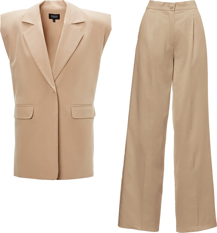 BLUZAT Beige Suit With Oversized Vest And Wide Leg Trousers ShopStyle