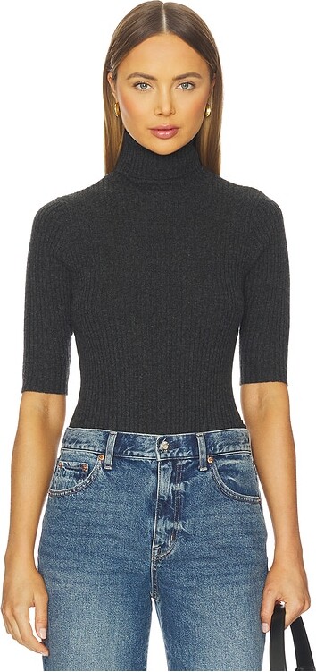 Autumn Cashmere Cropped Elbow Sleeve Rib Turtleneck Top