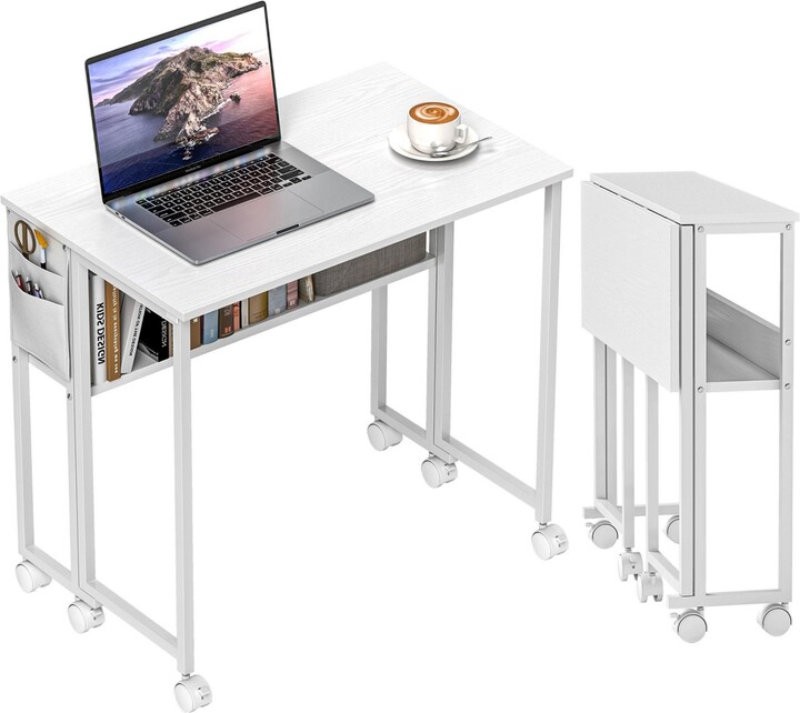 Homcom Small Folding Desk Foldable Computer Desk with Shelf Wheels
