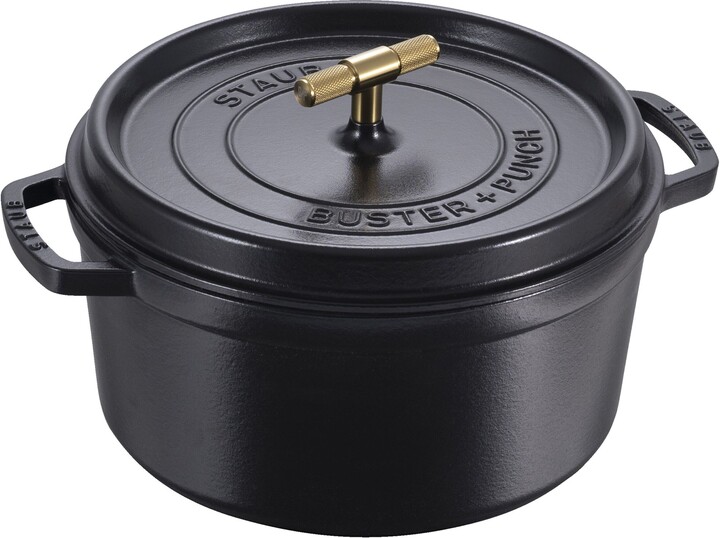 Staub Cast Iron 7 qt, Round, Dutch Oven Buster And Punch, Black Matte