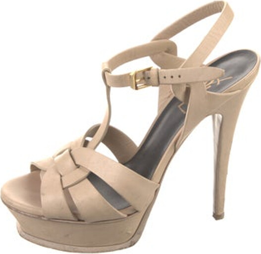 Saint Laurent Leather T-Strap Sandals Neutrals Platform Multistrap & Buckle Closure at Ankles