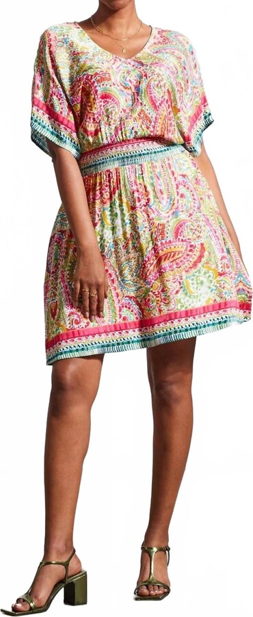 Printed V-Neck Dolman Sleeve Dress In Rasberry