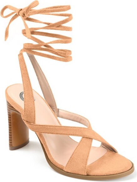 Journee Collection Women's Adalee Ankle Wrap Stacked Heel Sandals Tan
