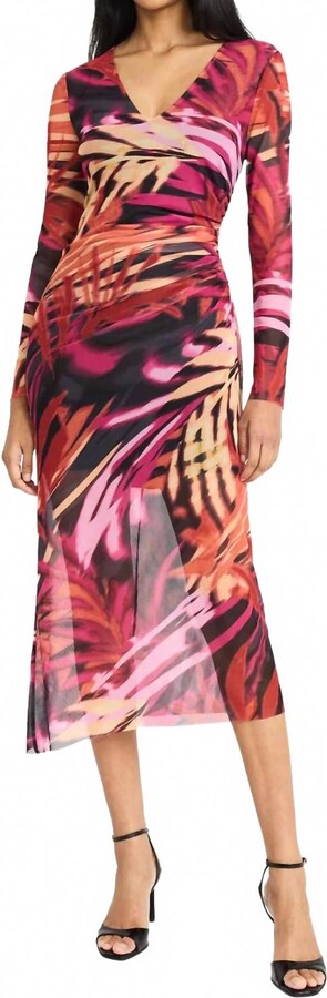 Donna Morgan Maggy London Violeta Mesh Midi Gathered Dress In Grey/penny