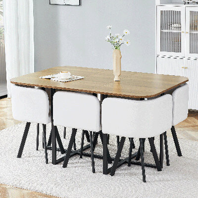 59" Modern Dining Table Set For 6 With 6 White PU Leather Chairs, Wood Grain Melamine Top