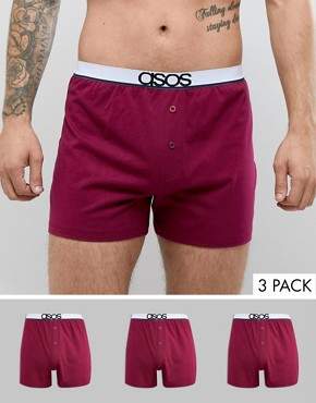 ASOS Design DESIGN jersey boxers in burgundy with branded waistband 3 pack