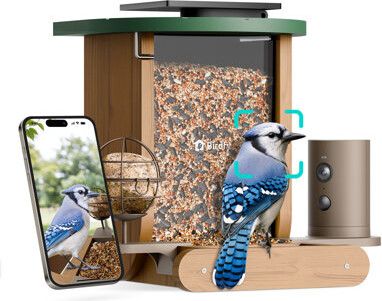 Birdfy Cedar D Smart Bird Feeder, Durable Cedar Wood, 1080P HD, 60FPS Slow-Motion, Night Vision, Solar-Powered
