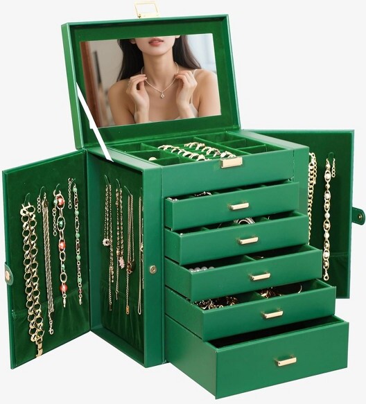Empire DigiLabs 6LayerLargeJewelryOrganizerWithMirrorWithLockNecklaceHolderWith5DrawersGreenandGold10.6''*6.6''*11.02''