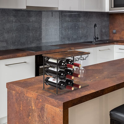 Latitude Run Countertop Wine Rack Freestanding Wine Bottle Rack With Glass Holder Wooden Wine Holder With Tray For Home Bar Tabletop Kitchen Cabinet Hold 6 Bott