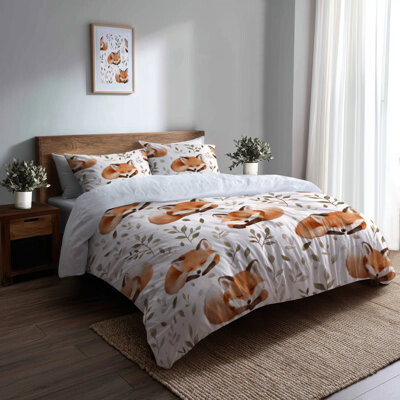 Kids Forest Animals Bedding Set Of 3 - Sleepy Sleeping Foxes Duvet Cover And Throw Pillow Set