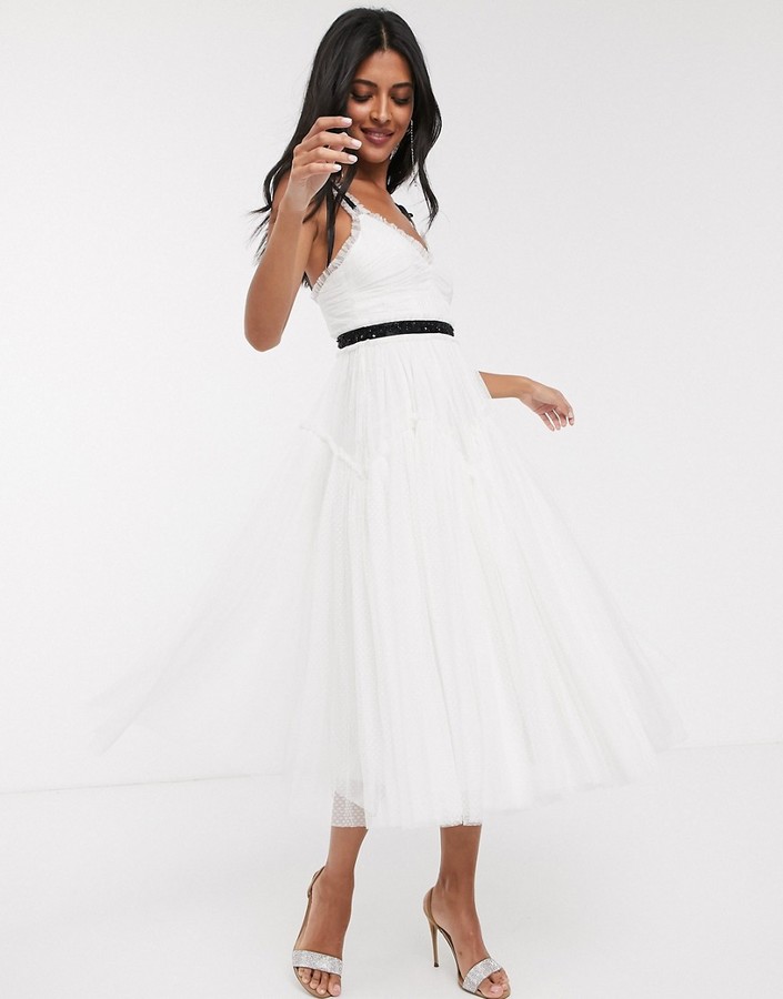 needle & thread embroidered bodice tulle midi dress in graphite