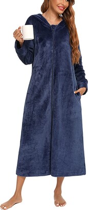 CUTIECLUB Women Hooded Long Flannel Robe Soft Gown Pyjamas Warm Fleece  Nightwear PJS Plush Dressing Loungewear with Zip Navy XL - ShopStyle