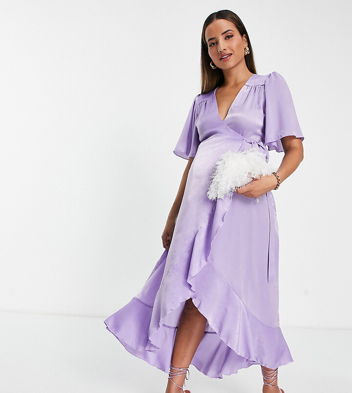 Flounce London Maternity wrap front midi dress with flutter sleeves in  lilac satin - ShopStyle