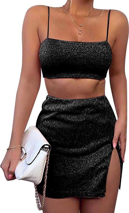 TSWRK Womens Sequin Dress Crop Top Bodycon Skirt 2 Piece Outfits Glitter Mini Dress 