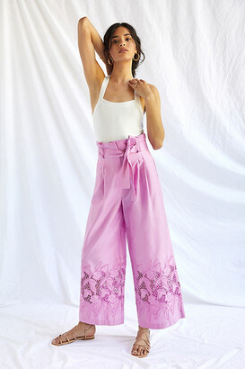 Pleated Eyelet Wide-Leg Pants By Exquise in Pink Size XL