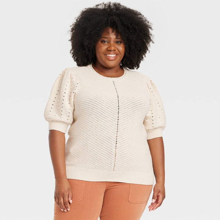 Knox Rose™ Women's Plus Size Crewneck Pointelle Sweater Ivory 2X - ShopStyle