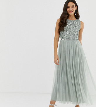 Maya Bridesmaid sleeveless midaxi tulle dress with tonal delicate sequin overlay in sage green
