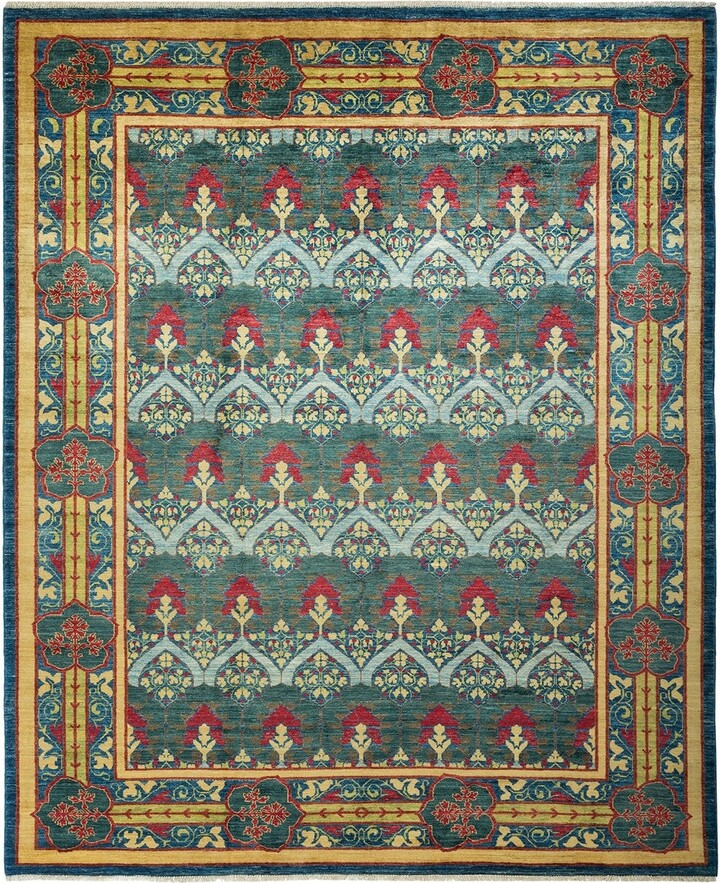 Hand Knotted Area Rug Blue, Arts And Crafts Pattern Area Rugs