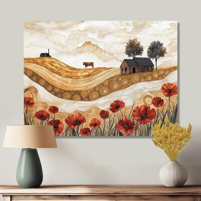 Ophelia & Co. Countryside Poppies And Cow And The Barn I - Poppies Metal Print