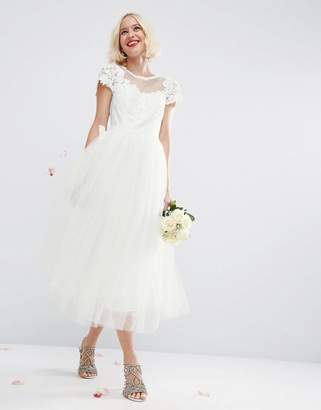 ASOS Bridal Lace Applique Mesh Midi Prom Dress